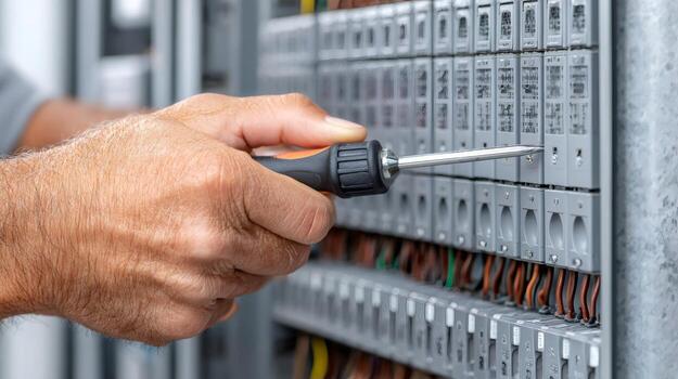 Electrician inspecting an electrical control panel